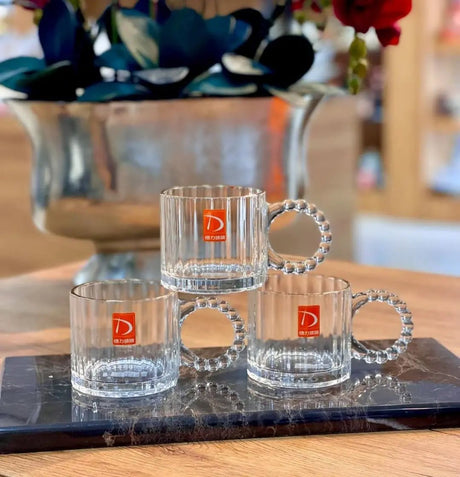 Embossed Vintage Glass Coffee Mugs with Pearl Handle Set of 6 Kitchen & Dining Drinkware Sets