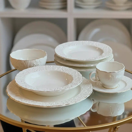 39pcs White Porcelain Embossed Ceramic Dinner Set Dinnerware Dinnerware Sets