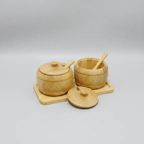 3-Piece Bamboo Condiment Jar Set with Tray Kitchen & Dining Food Storage Containers