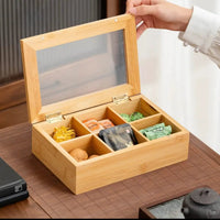 6-Section Bamboo Teabag Organizer Box with Clear Lid Kitchen & Dining Food Storage Containers