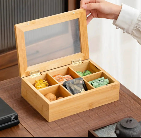 6-Section Bamboo Teabag Organizer Box with Clear Lid Kitchen & Dining Food Storage Containers
