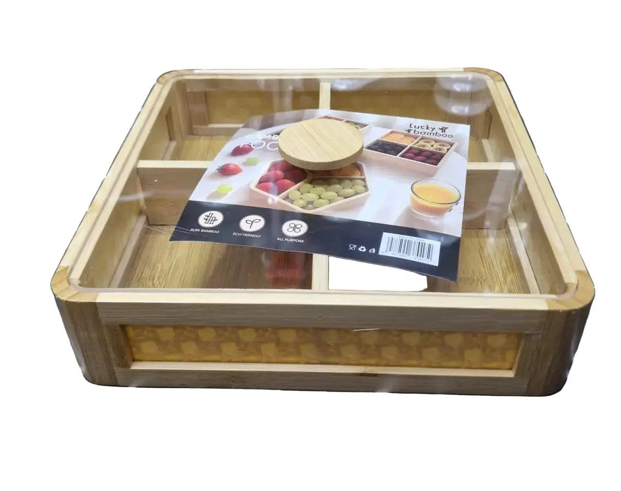 Premium Square Bamboo 4-Section Tray with Clear Lid Kitchen & Dining Food Storage Containers