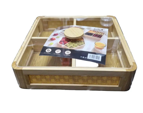 Premium Square Bamboo 4-Section Tray with Clear Lid Kitchen & Dining Food Storage Containers