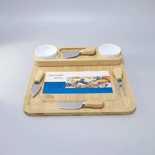 Bamboo Cheese Board & Cutlery Set with 2 Ceramic Dips Kitchen & Dining Cutting Boards