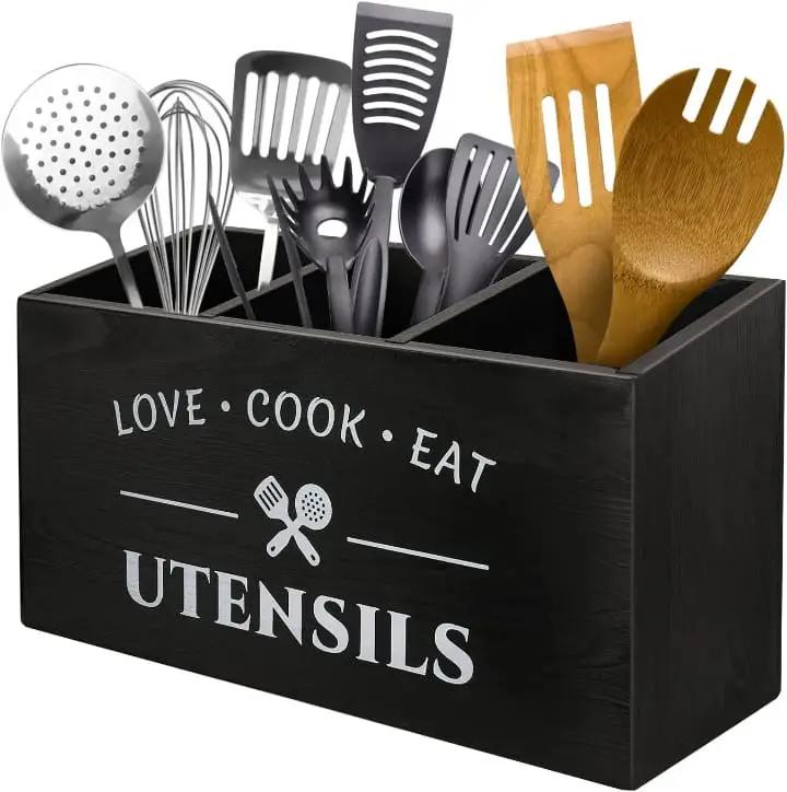 Rustic Wooden Cutlery & Utensils Organizer Kitchen Storage Kitchen Utensil Holders