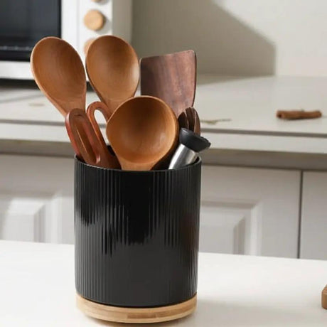 Ceramic Spoon Holder with Bamboo Base Kitchen Accessories Kitchen Utensil Holders