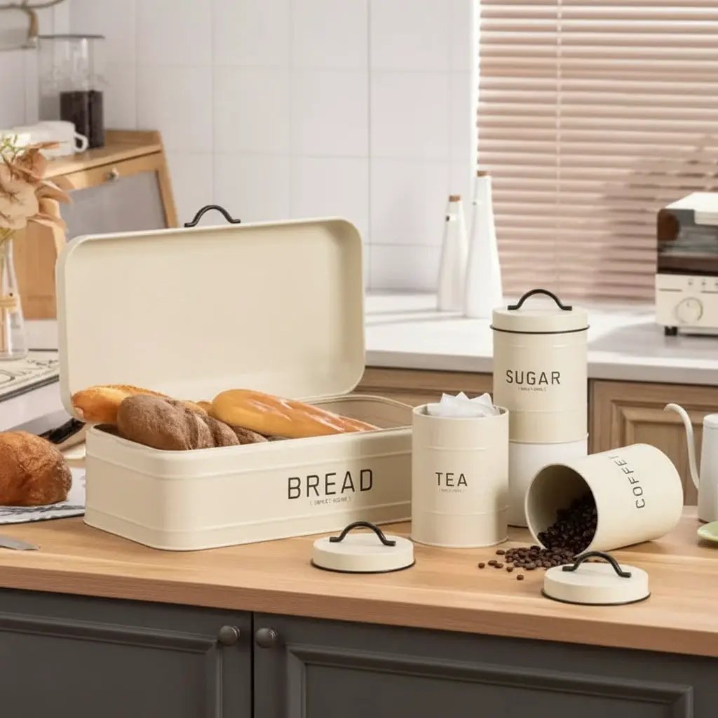 4-Piece Quilted Metal Bread Bin & Canister Set Kitchen & Dining Food Storage Containers