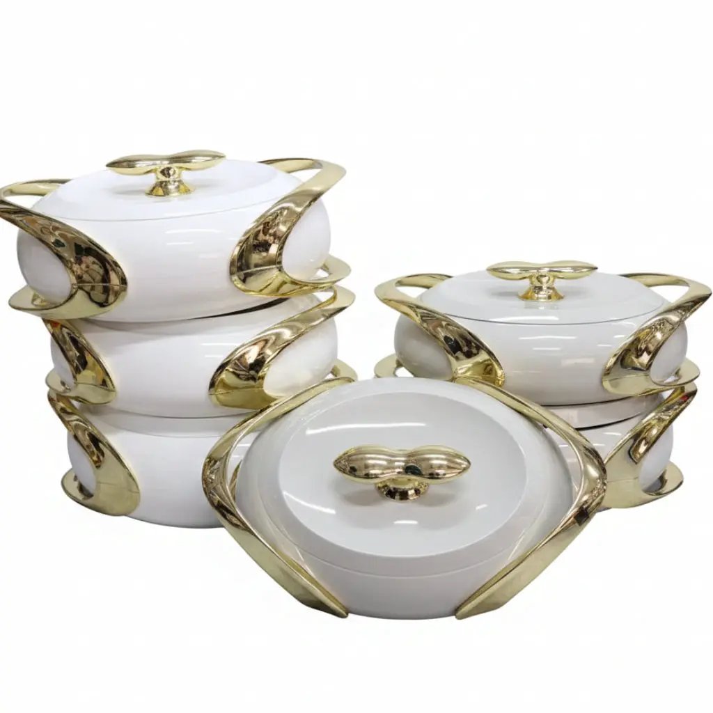 3-Piece Oval Glossy White & Gold Insulated Food Warmer Set Kitchen & Dining Food Warmers