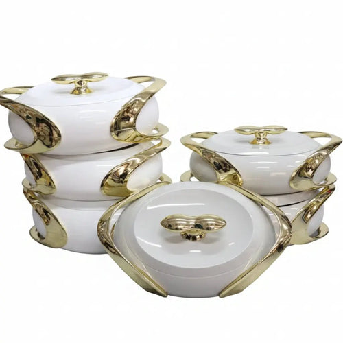 3-Piece Oval Glossy White & Gold Insulated Food Warmer Set Kitchen & Dining Food Warmers