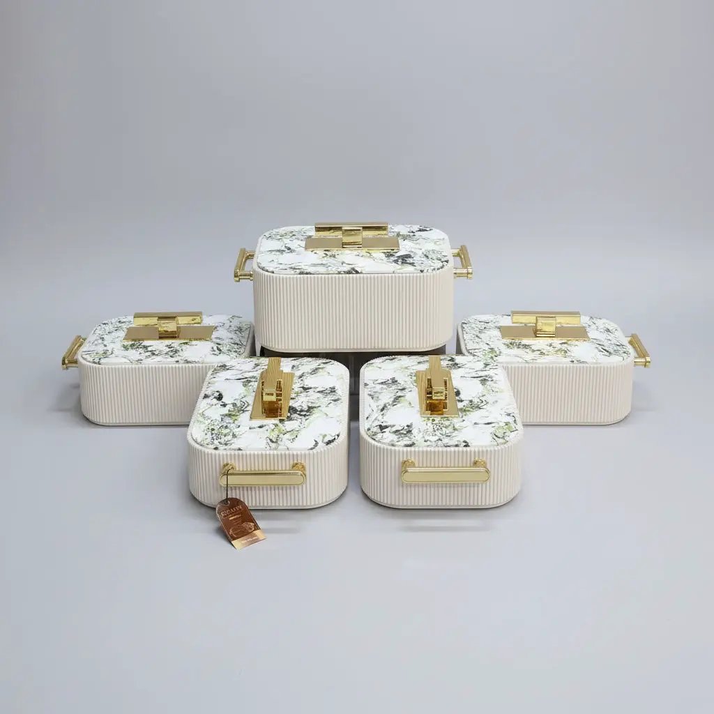 3-Piece Premium Ribbed Marble & Gold Insulated Food Warmer Set Kitchen & Dining Food Warmers