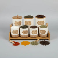 7-Piece White Speckled Ceramic Canister Set with Wooden Stand Kitchen & Dining Food Storage Containers