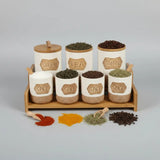 7-Piece White Speckled Ceramic Canister Set with Wooden Stand Kitchen & Dining Food Storage Containers