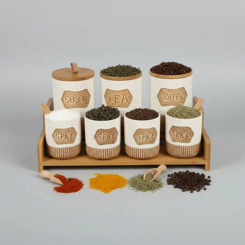 7-Piece White Speckled Ceramic Canister Set with Wooden Stand Kitchen & Dining Food Storage Containers