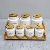 7-Piece White Speckled Ceramic Canister Set with Wooden Stand Kitchen & Dining Food Storage Containers
