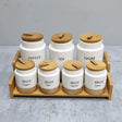 7-Piece White Speckled Ceramic Canister Set with Wooden Stand Kitchen & Dining Food Storage Containers