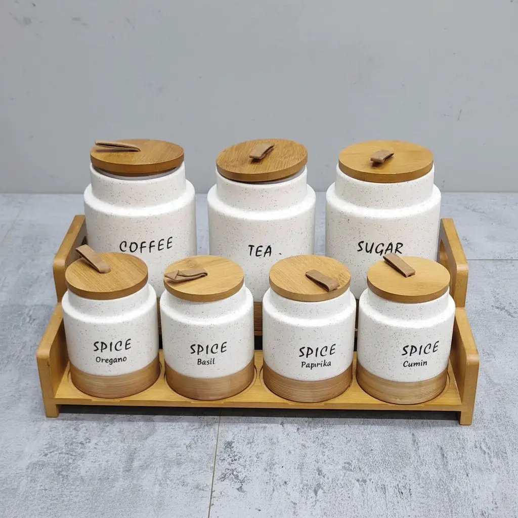 7-Piece White Speckled Ceramic Canister Set with Wooden Stand Kitchen & Dining Food Storage Containers