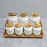 7-Piece White Speckled Ceramic Canister Set with Wooden Stand Kitchen & Dining Food Storage Containers