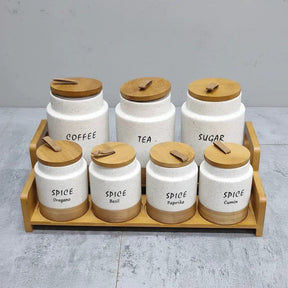 7-Piece White Speckled Ceramic Canister Set with Wooden Stand Kitchen & Dining Food Storage Containers