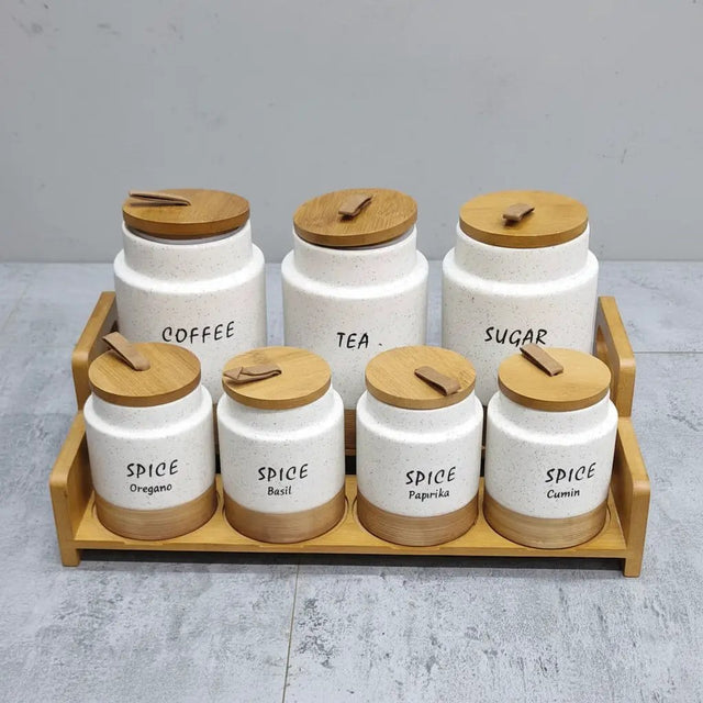 7-Piece White Speckled Ceramic Canister Set with Wooden Stand Kitchen & Dining Food Storage Containers