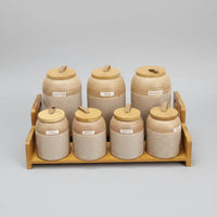 7-Piece Speckled Ceramic Spice Jar Set with Wooden Stand Kitchen & Dining Food Storage Containers