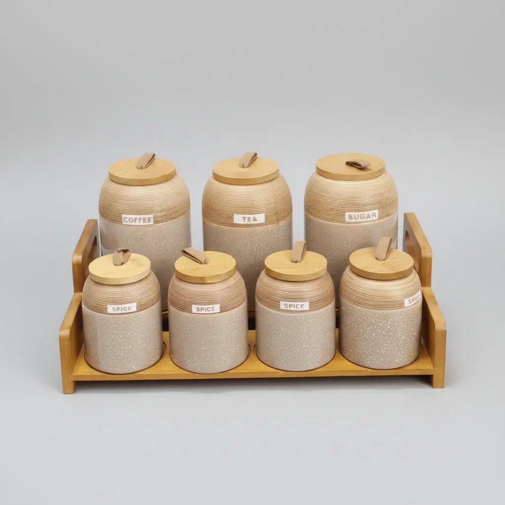7-Piece Speckled Ceramic Spice Jar Set with Wooden Stand Kitchen & Dining Food Storage Containers