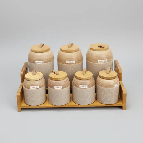 7-Piece Speckled Ceramic Spice Jar Set with Wooden Stand Kitchen & Dining Food Storage Containers