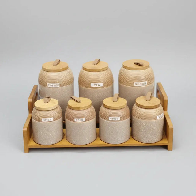 7-Piece Speckled Ceramic Spice Jar Set with Wooden Stand Kitchen & Dining Food Storage Containers