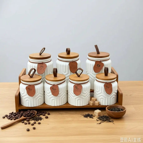 7-Piece Aesthetic Ceramic Storage Jar Set with Wooden Stand Kitchen & Dining Food Storage Containers