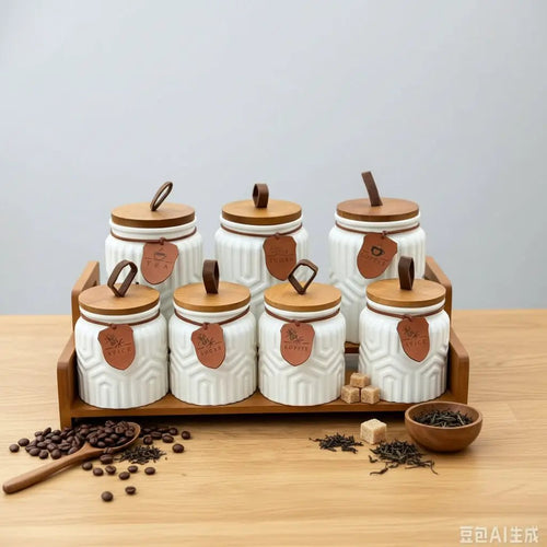 7-Piece Aesthetic Ceramic Storage Jar Set with Wooden Stand Kitchen & Dining Food Storage Containers