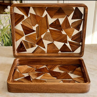 2-Piece Elegant Wood Mosaic Serving Tray Set Kitchen & Dining Serving Trays