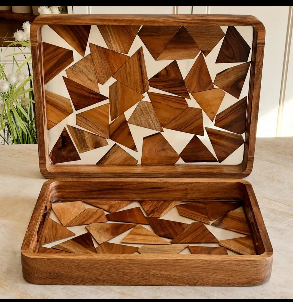 2-Piece Elegant Wood Mosaic Serving Tray Set Kitchen & Dining Serving Trays