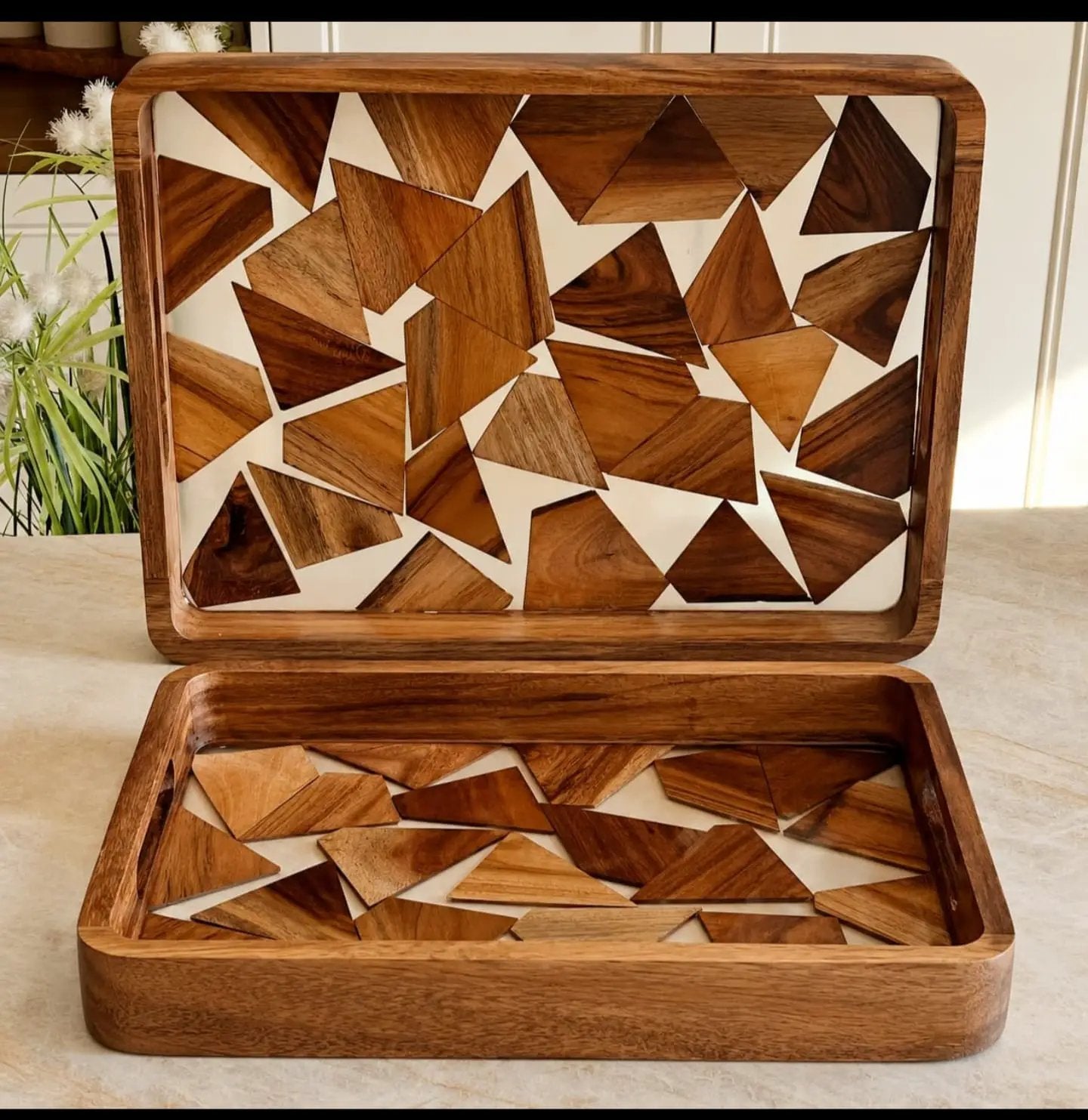 2-Piece Elegant Wood Mosaic Serving Tray Set Kitchen & Dining Serving Trays