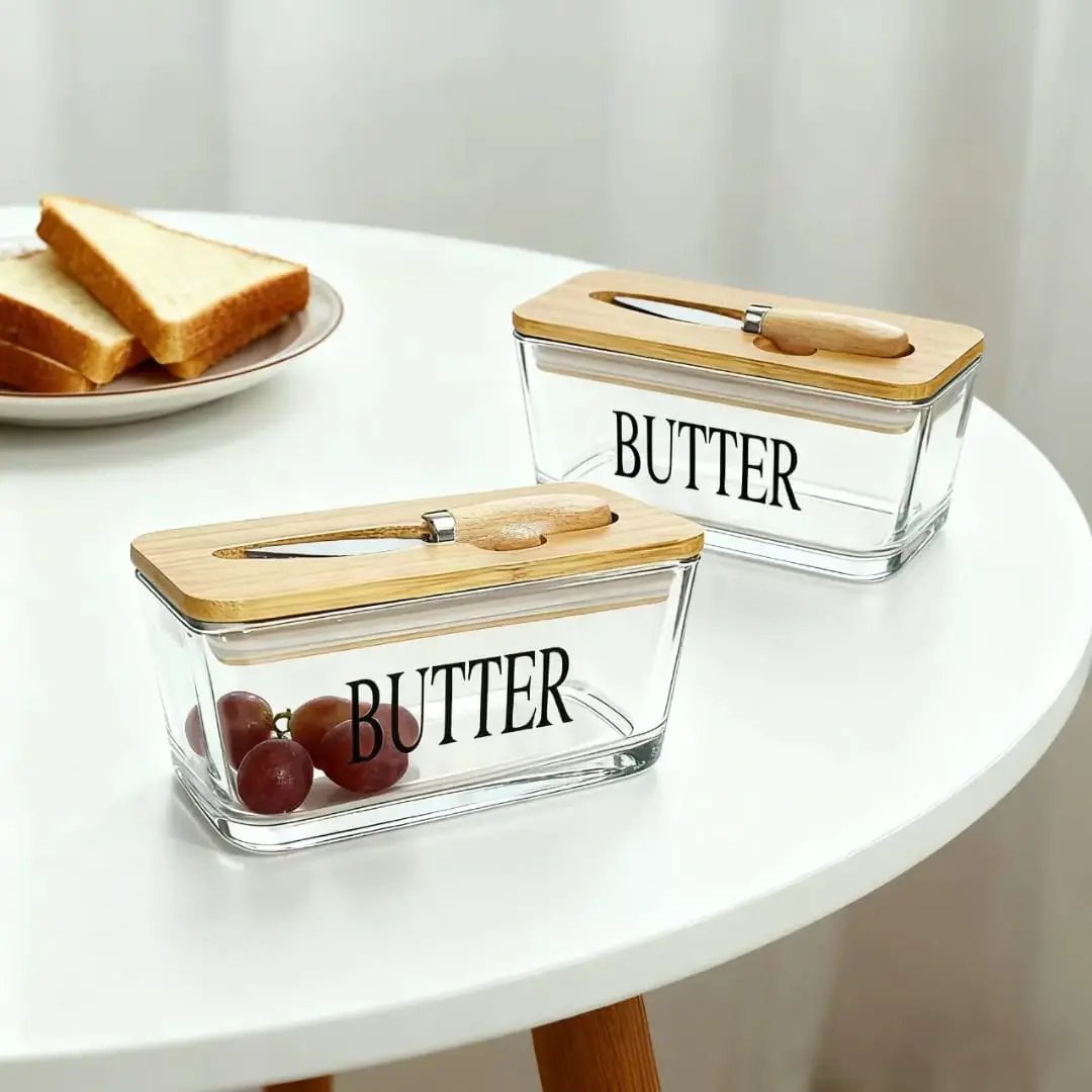 Glass Butter Tin with Bamboo Lid Kitchen Storage Butter Dishes