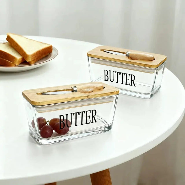 Glass Butter Tin with Bamboo Lid Kitchen Storage Butter Dishes