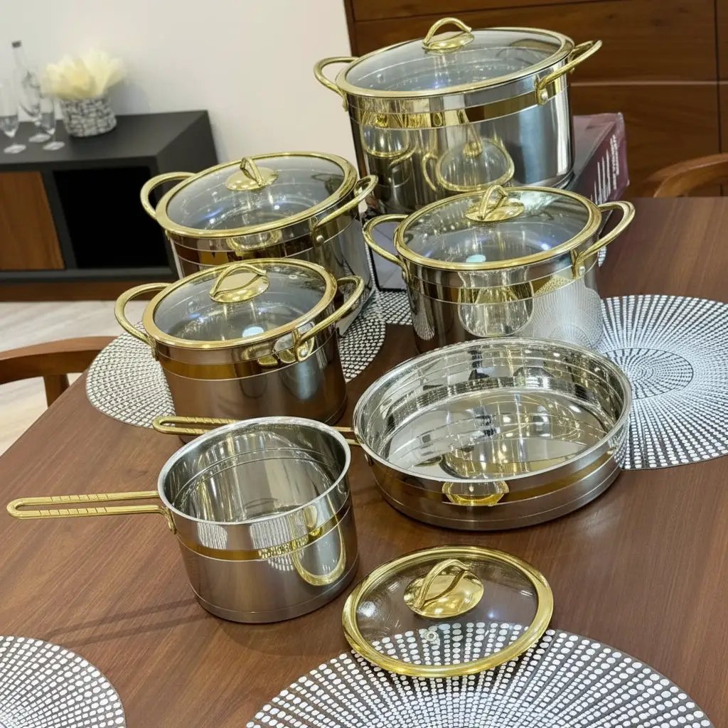 11-Piece Stainless Steel Cookware Set with Gold Trim Cookware Cookware Sets