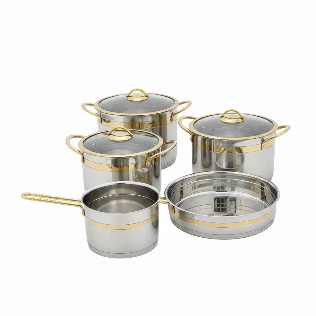 11-Piece Stainless Steel Cookware Set with Gold Trim Cookware Cookware Sets
