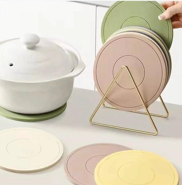 6-Piece Nordic Silicone Pot Holder Mats with Gold Stand Kitchenware Trivets