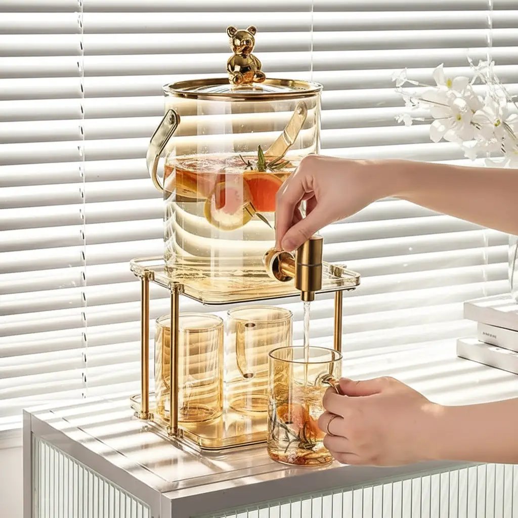 Luxury Glass Cold Water Jug with Faucet & Mugs Kitchen & Storage Serving Pitchers & Carafes