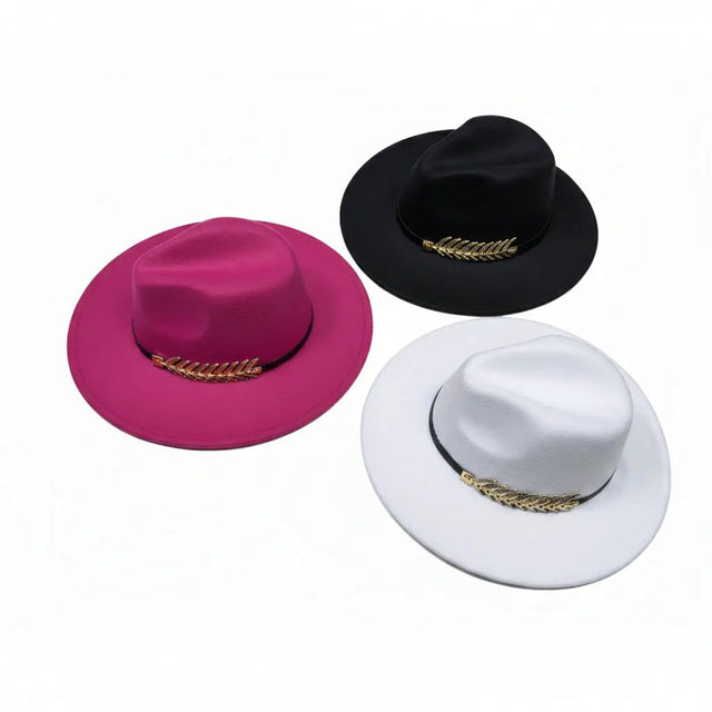 Wide Brim Fedora Hat with Gold Band Fashion Accessories Fedoras