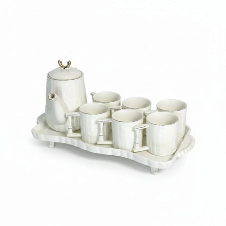 White Ribbed Tea Set 7pc with Ceramic Tray Kitchen & Dining Tea Sets