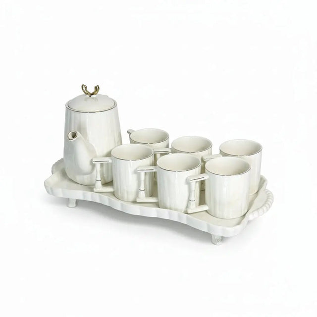 White Ribbed Tea Set 7pc with Ceramic Tray Kitchen & Dining Tea Sets