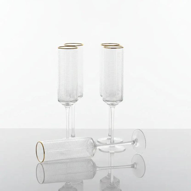 Gold Rim Ribbed Champagne Flutes Kitchenware Champagne Glasses