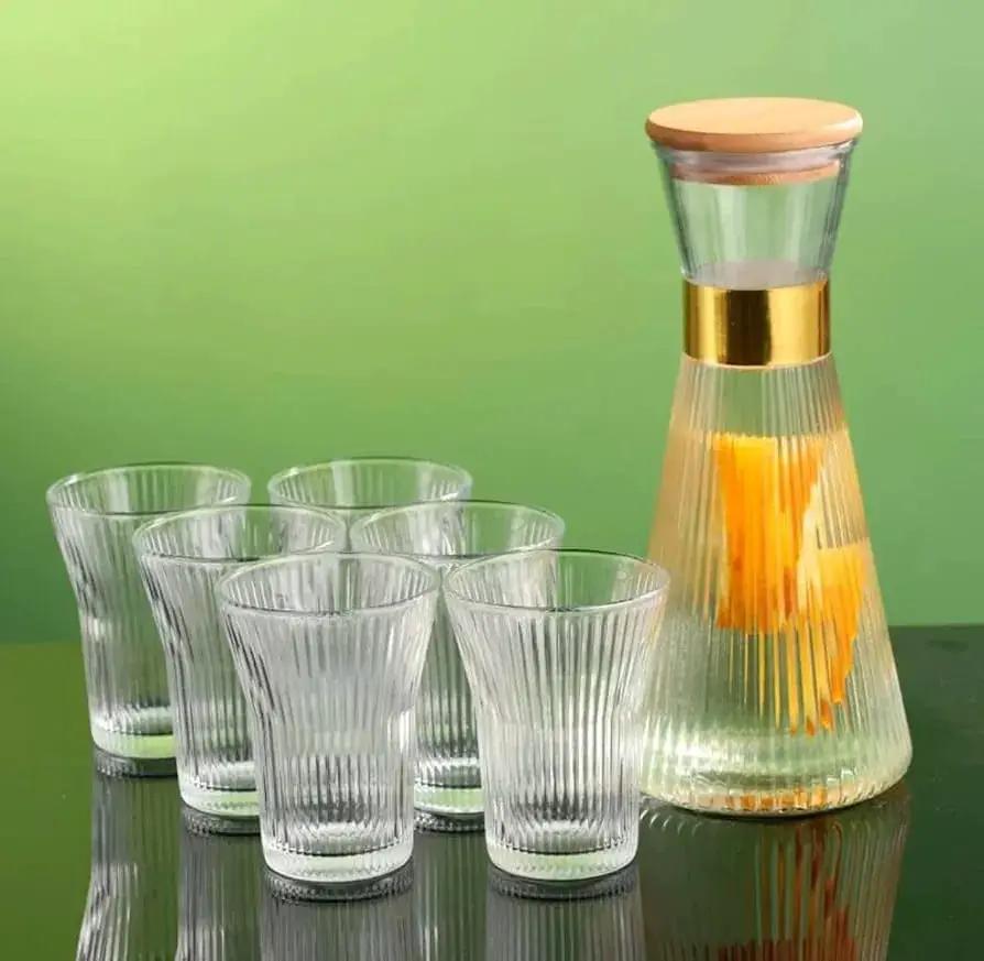 7-Piece Ribbed Carafe And Glass Set Carafe And Glass Set Drinkware Sets