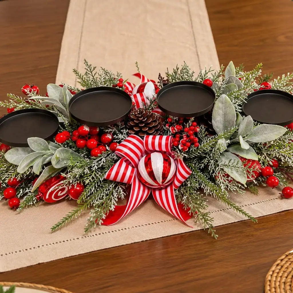 55cm Christmas 4-Candle Holder Centrepiece Christmas Candle Holder Centrepiece Candle Holders