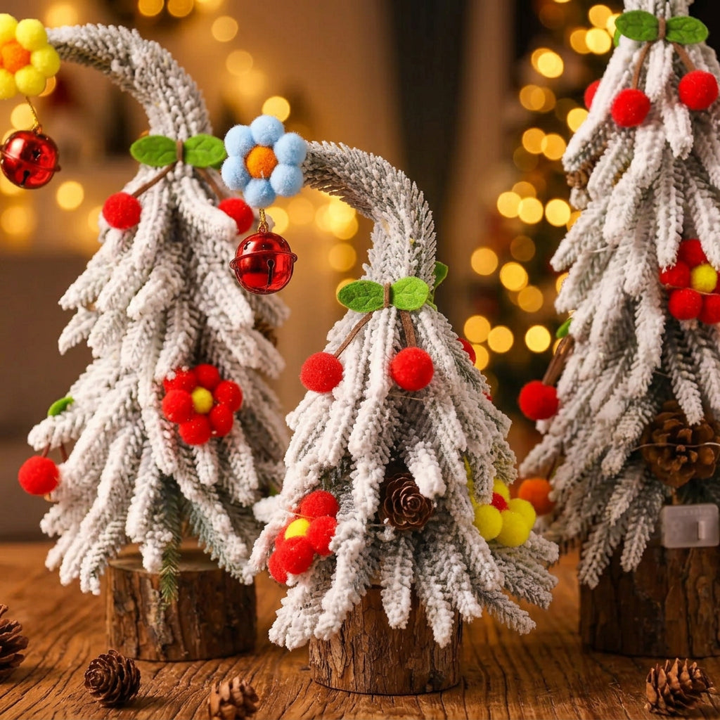 Snow-Covered Mini Christmas Trees with Wooden Base