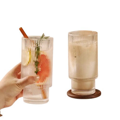 Long Wind Vertical Stripe Glass Coffee Cup | Sleek Stackable Design for Coffee, Water & More | Transparent Glass Cup