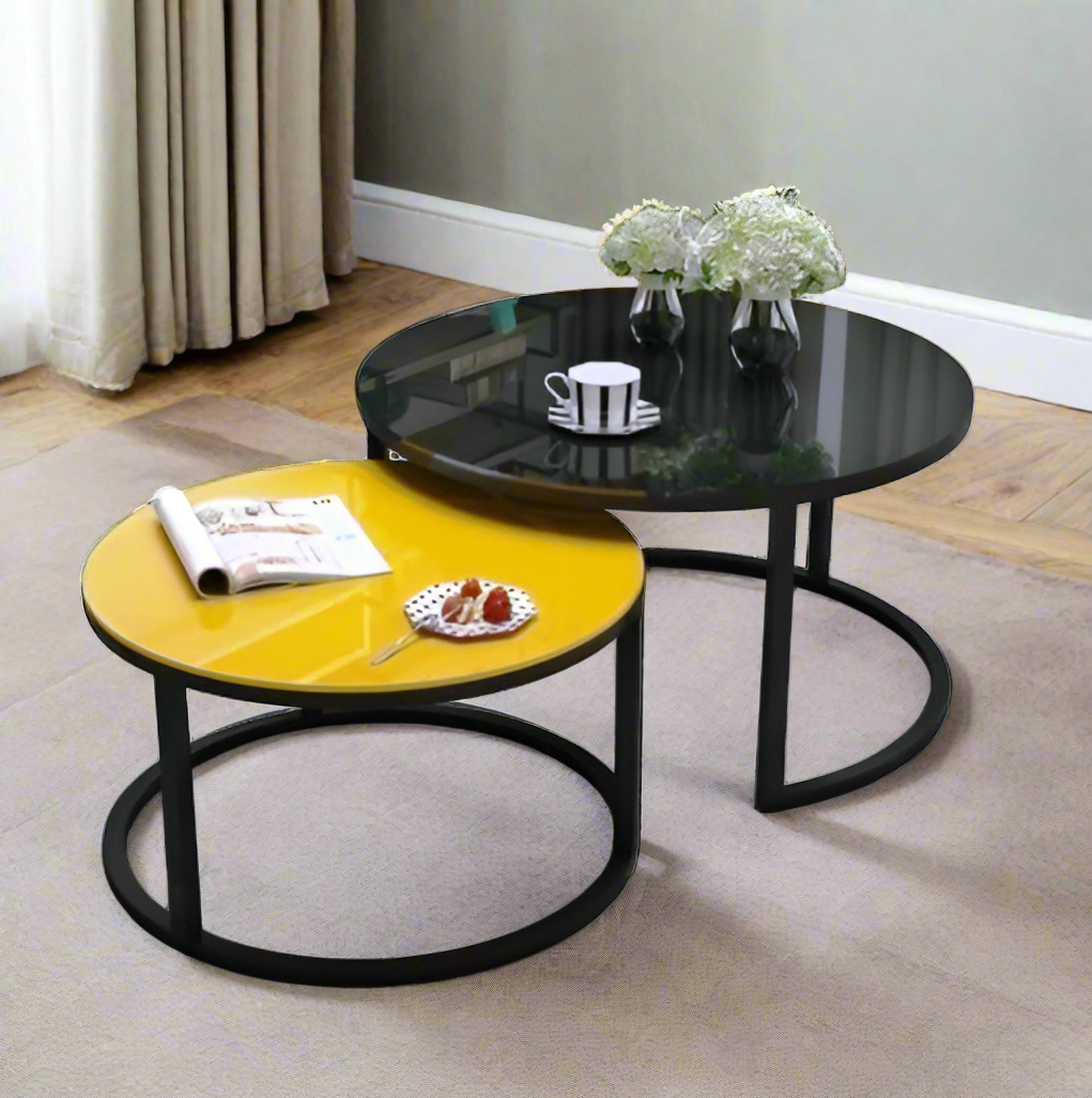 Modern Glass Nesting Tables  Yellow & Black Glass Tabletops