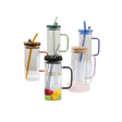 Square Glass Drinking Cups | Clear with Colored Handle and Acrylic Lid- Furaha Finds Kenya