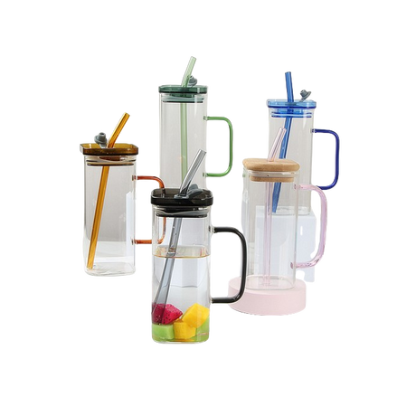 Square Glass Drinking Cups | Clear with Colored Handle and Acrylic Lid- Furaha Finds Kenya