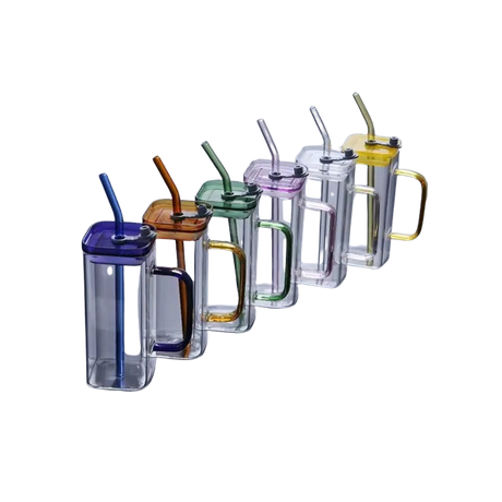 Square Glass Drinking Cups | Clear with Colored Handle and Acrylic Lid- Furaha Finds Kenya